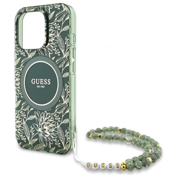 Guess MagSafe dėklas iPhone 16 Pro Max – žalias, su dirželiu