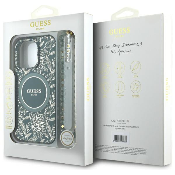 Guess MagSafe dėklas iPhone 16 Pro Max – žalias, su dirželiu