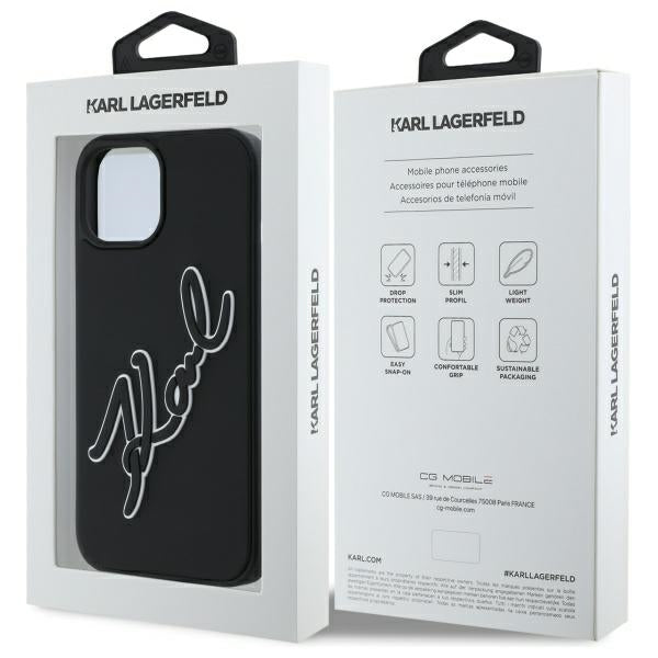 Karl Lagerfeld dėklas iPhone 15 – juodas (3D logotipas)