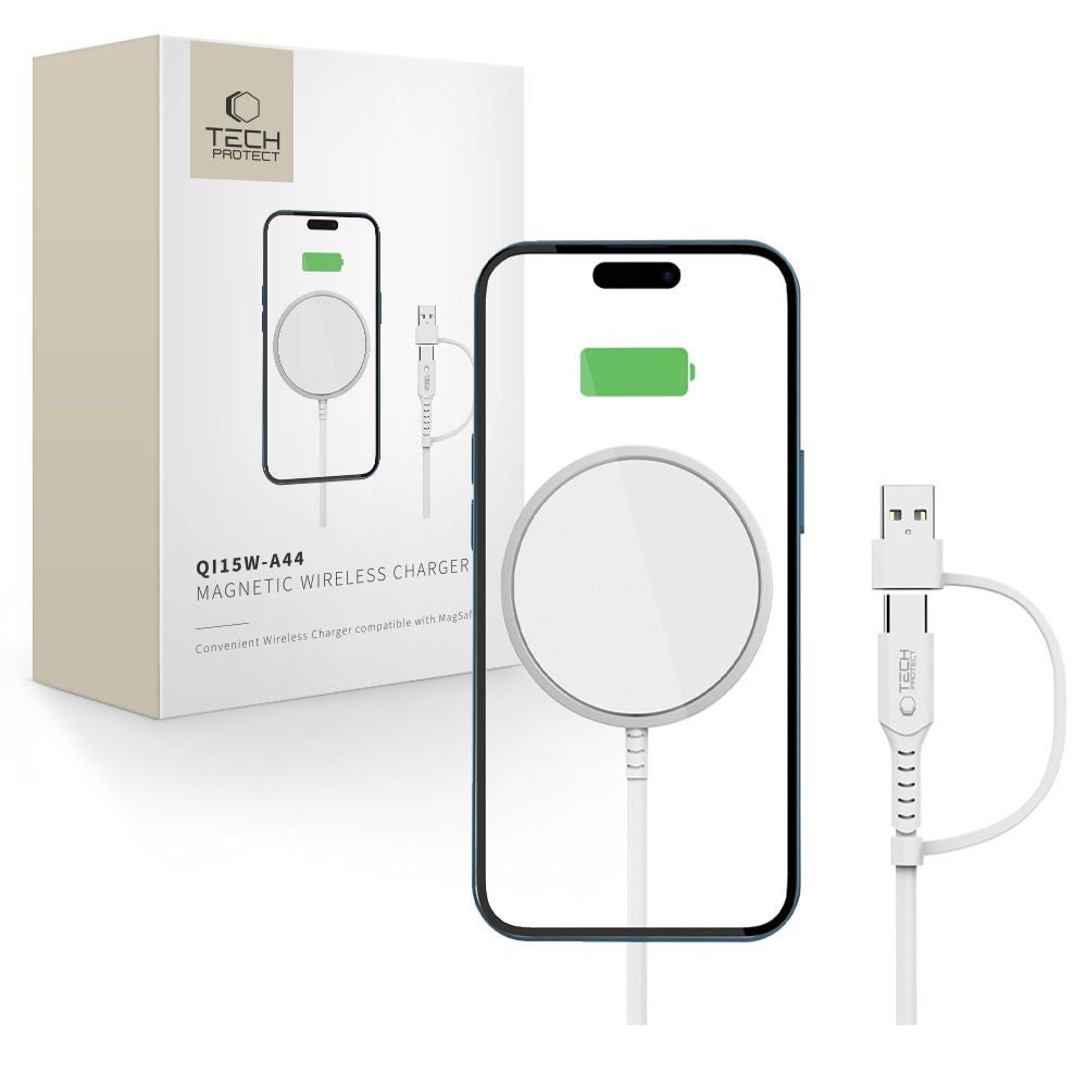 Tech-Protect QI15W-A44 magnetinis belaidis įkroviklis su MagSafe - baltas -- Cell phone chargers
