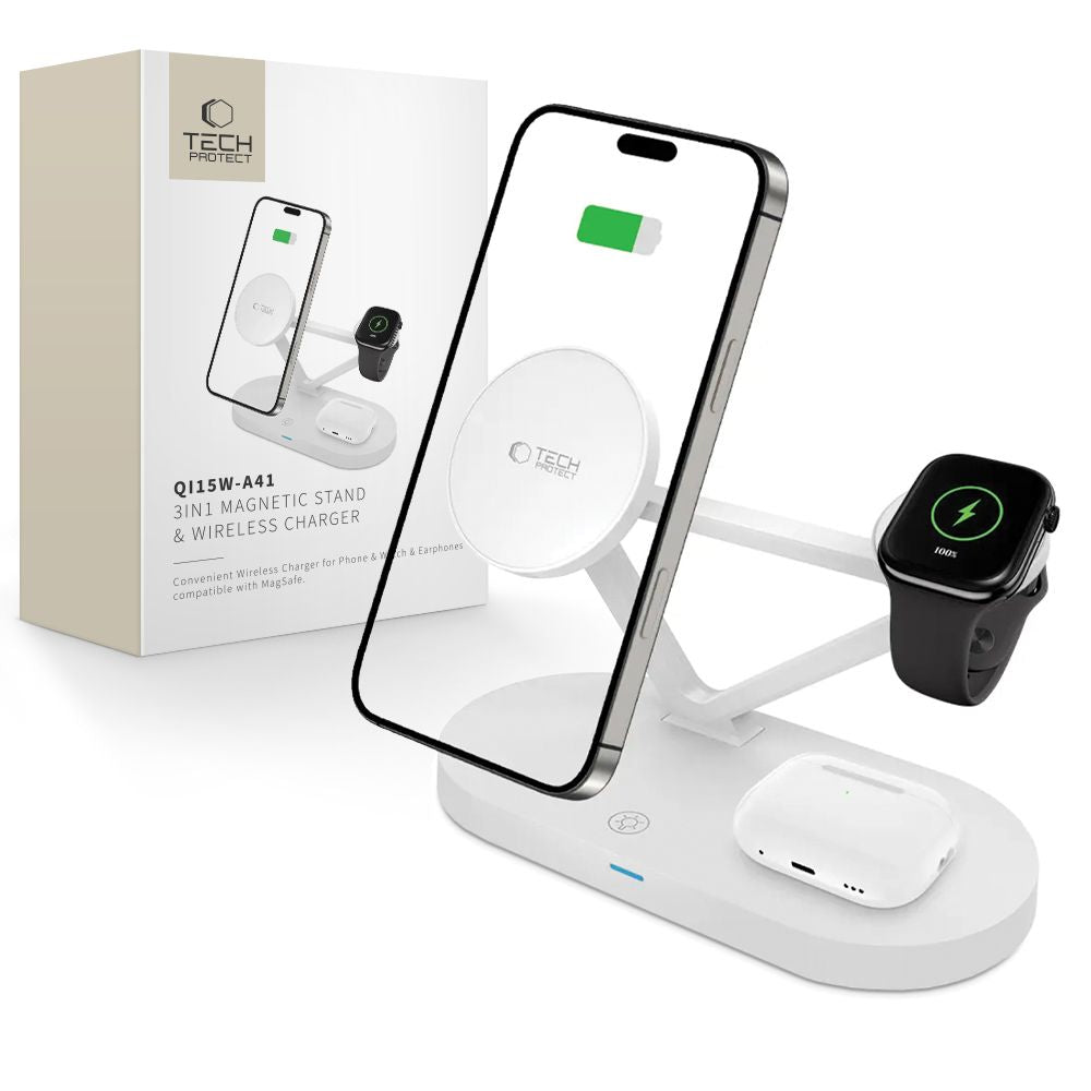 Tech-Protect 3in1 belaidis įkroviklis su MagSafe Apple įrenginiams QI15W-A41 - baltas -- Cell phone chargers