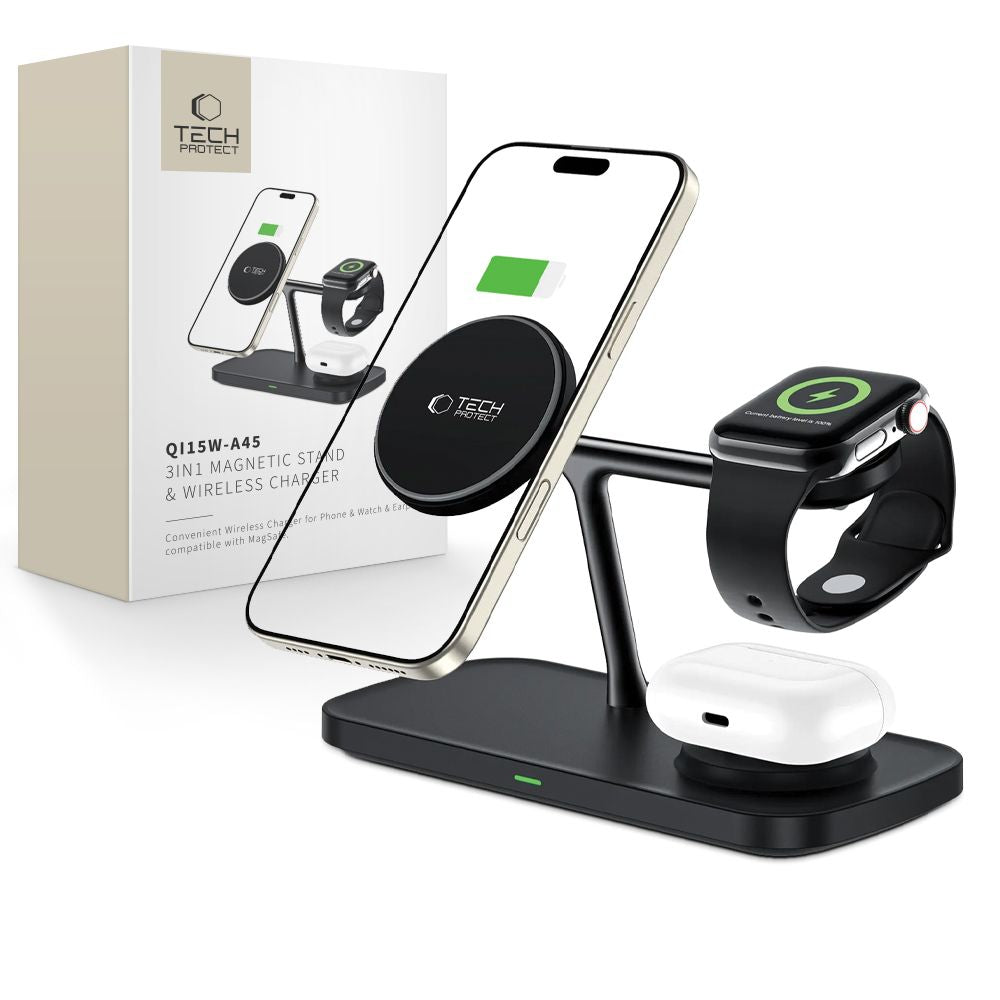 Tech-Protect 3in1 belaidis įkroviklis su MagSafe Apple įrenginiams QI15W-A45 - juodas -- Cell phone chargers