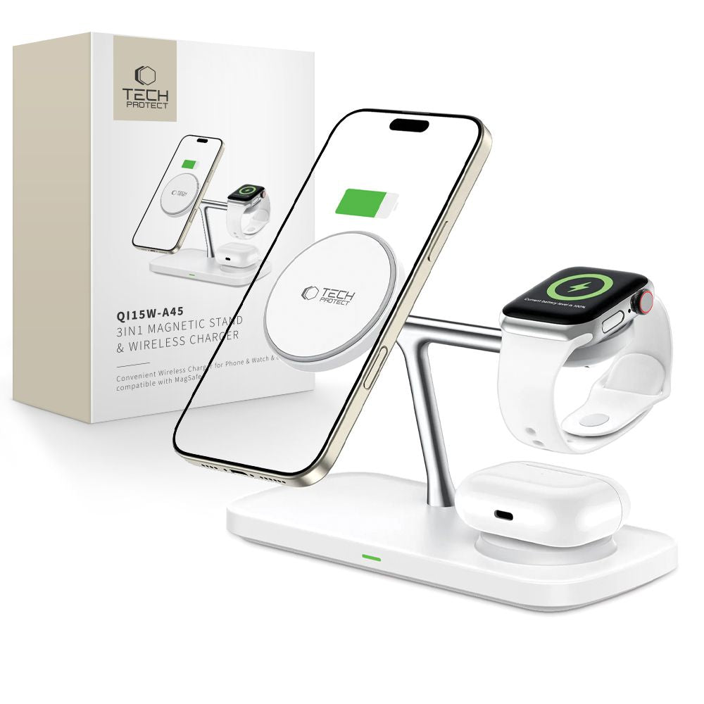Tech-Protect 3in1 belaidis įkroviklis su MagSafe Apple įrenginiams QI15W-A45 - baltas -- Cell phone chargers