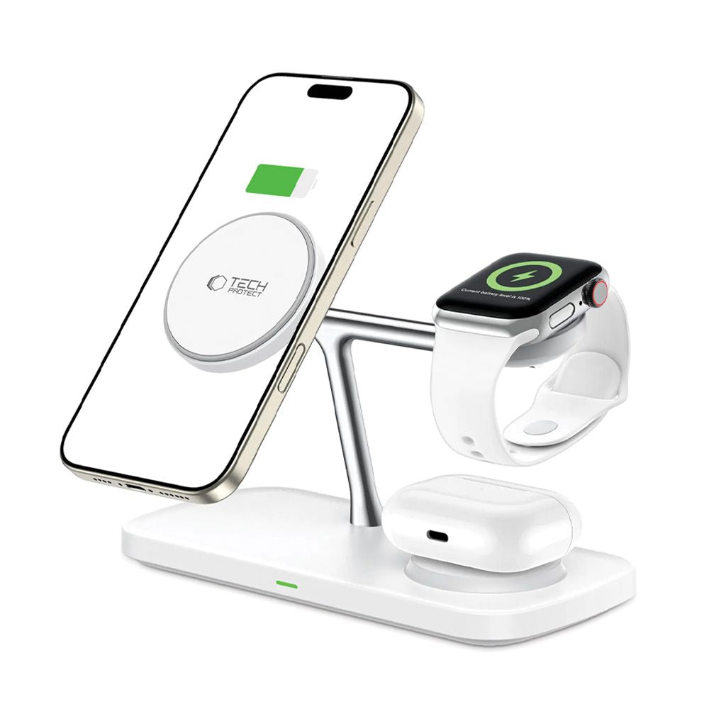 Tech-Protect 3in1 belaidis įkroviklis su MagSafe Apple įrenginiams QI15W-A45 - baltas -- Cell phone chargers