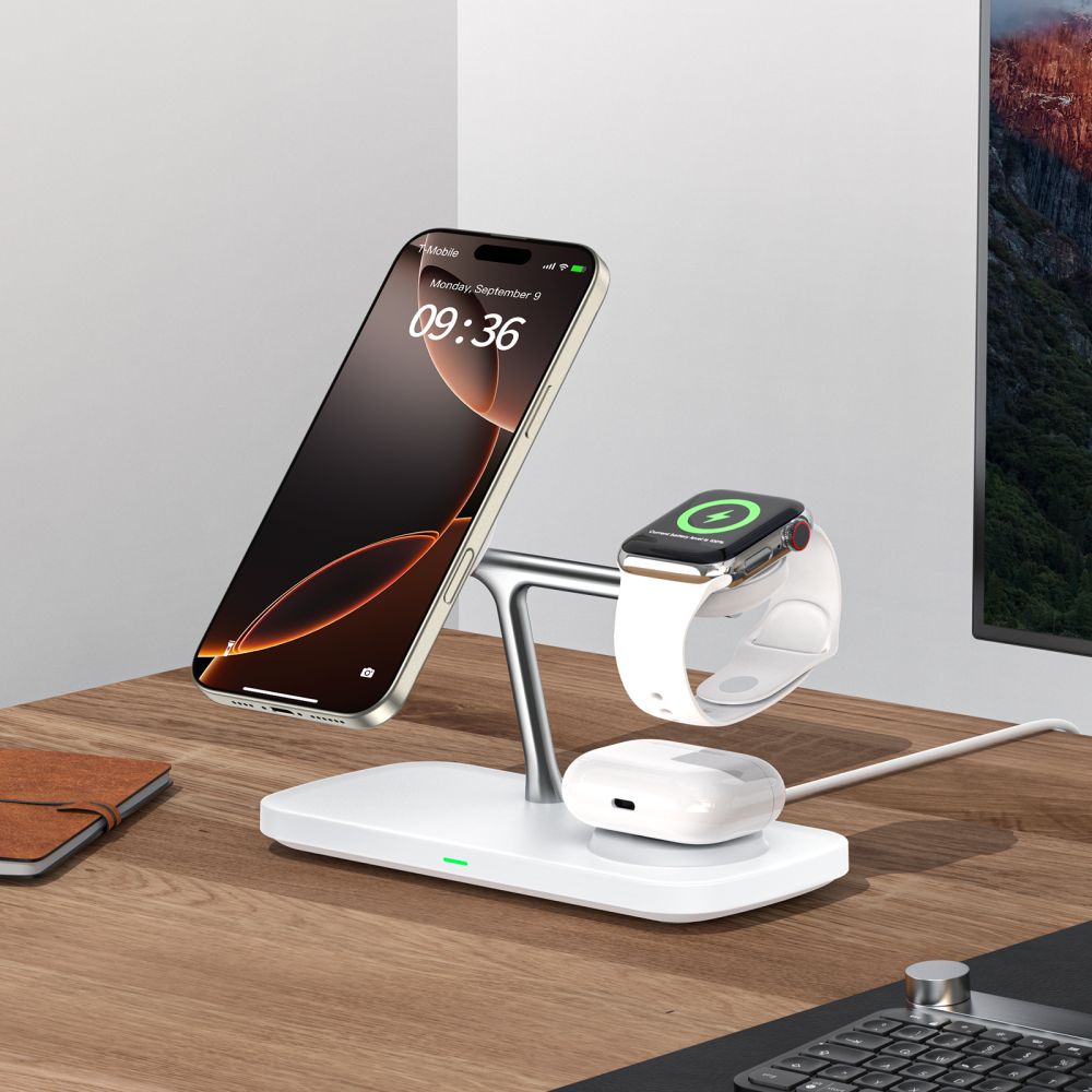Tech-Protect 3in1 belaidis įkroviklis su MagSafe Apple įrenginiams QI15W-A45 - baltas -- Cell phone chargers