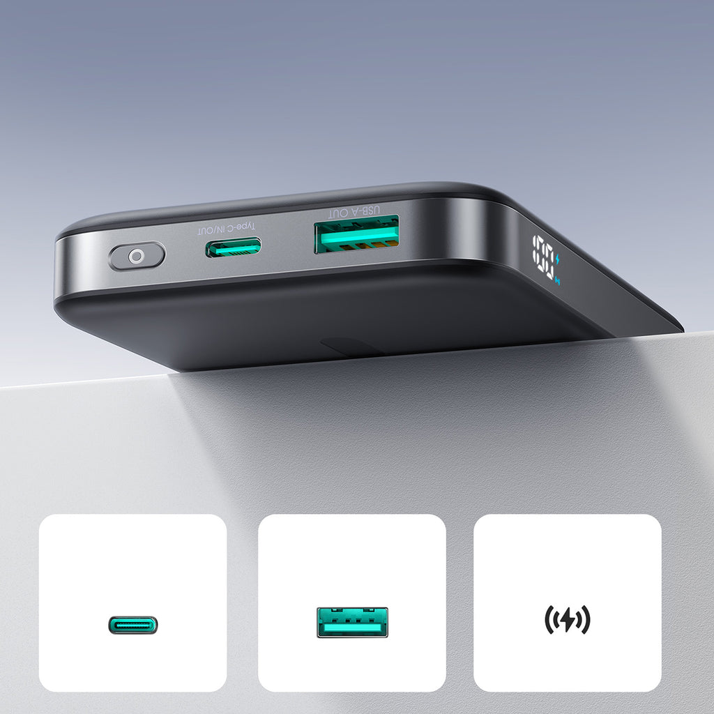 Joyroom išorinė baterija JR-PBM12 10000mAh 22.5W suderinama su MagSafe, 15W belaidis įkrovimas, su žiedo stovu - juodas