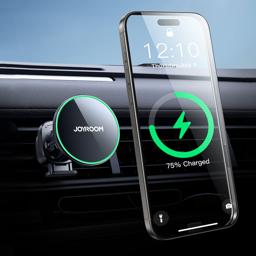 Joyroom JR-ZS412 automobilinis oro grotelių laikiklis su Qi2 15W įkrovikliu juodas