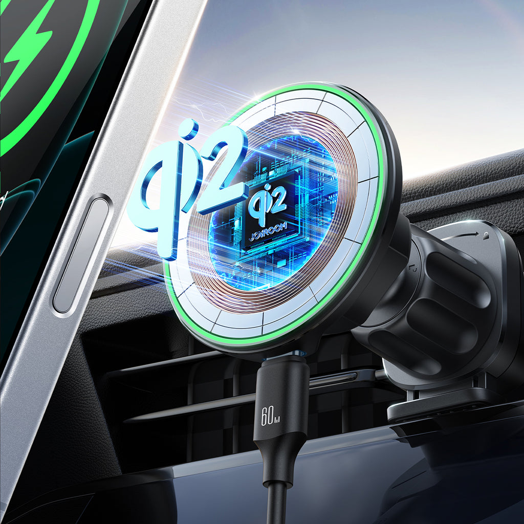 Joyroom JR-ZS412 automobilinis oro grotelių laikiklis su Qi2 15W įkrovikliu juodas
