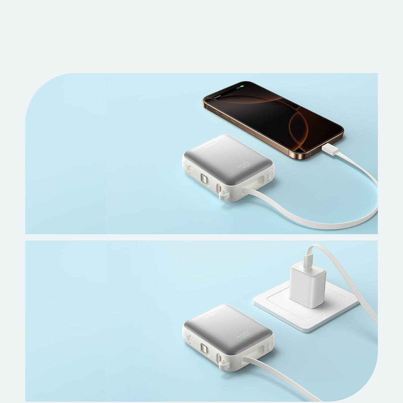 Joyroom išorinė baterija JR-PBF27 10000mAh 22.5W su integruotais USB-C ir Lightning laidais - baltas