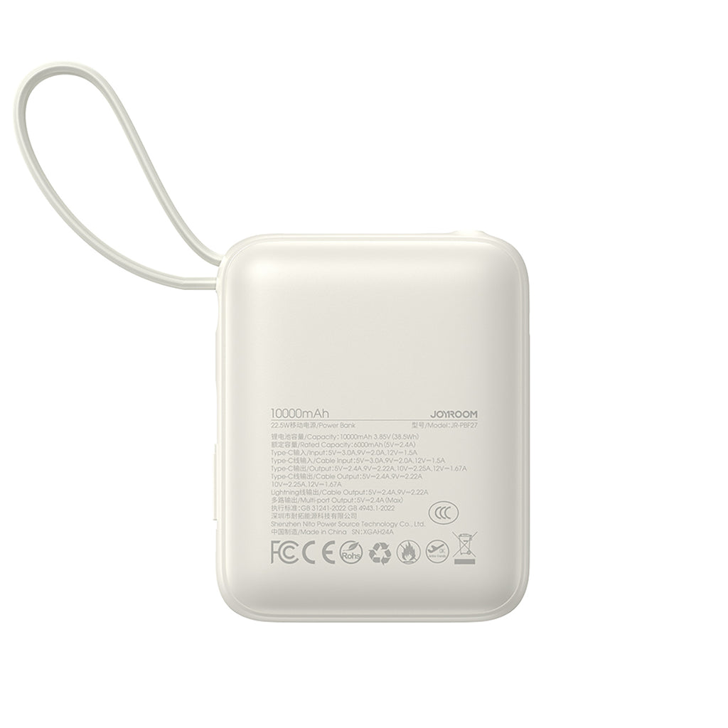 Joyroom išorinė baterija JR-PBF27 10000mAh 22.5W su integruotais USB-C ir Lightning laidais - baltas
