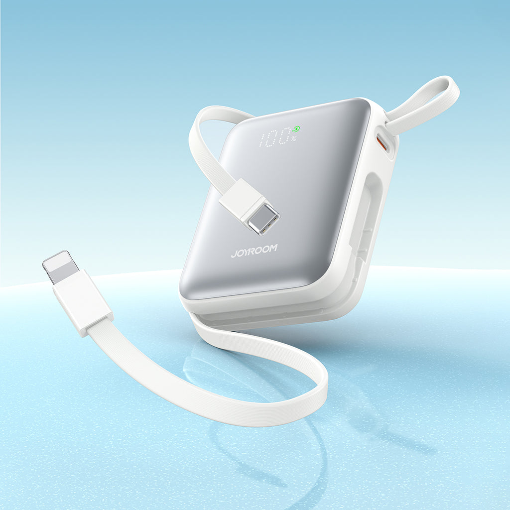 Joyroom išorinė baterija JR-PBF27 10000mAh 22.5W su integruotais USB-C ir Lightning laidais - baltas