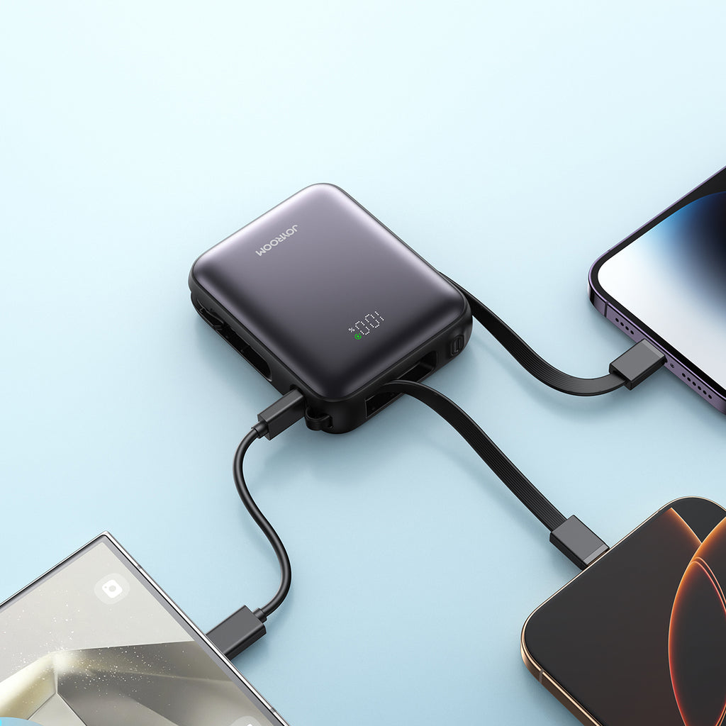 Joyroom išorinė baterija JR-PBF27 10000mAh 22.5W su integruotais USB-C ir Lightning laidais - juodas