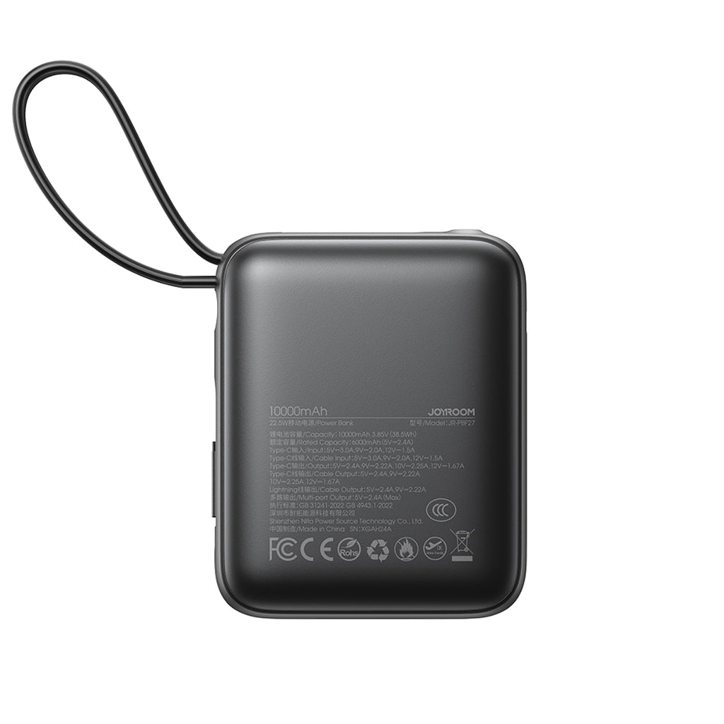 Joyroom išorinė baterija JR-PBF27 10000mAh 22.5W su integruotais USB-C ir Lightning laidais - juodas