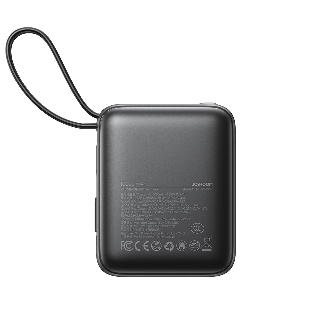 Joyroom išorinė baterija JR-PBF27 10000mAh 22.5W su integruotais USB-C ir Lightning laidais - juodas