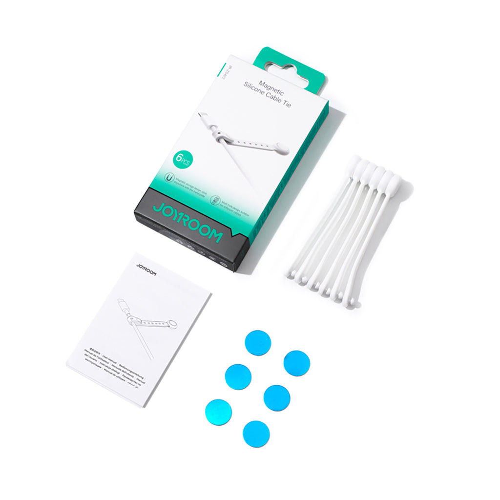 Joyroom JR-ZS422 silikoniniai laidų tvirtinimo apyrankiai su magnetu, 6 vnt. rinkinys - balta -- Cable Organizers