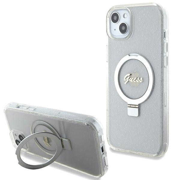 Guess MagSafe dėklas su žiedu iPhone 15/14 Plus – skaidrus