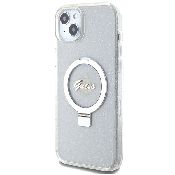 Guess MagSafe dėklas su žiedu iPhone 15/14 Plus – skaidrus
