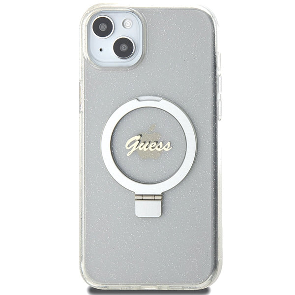 Guess MagSafe dėklas su žiedu iPhone 15/14 Plus – skaidrus