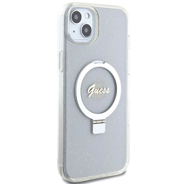 Guess MagSafe dėklas su žiedu iPhone 15/14 Plus – skaidrus