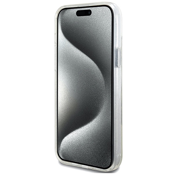 Guess MagSafe dėklas su žiedu iPhone 15/14 Plus – skaidrus