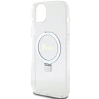 Guess MagSafe dėklas su žiedu iPhone 15/14 Plus – skaidrus