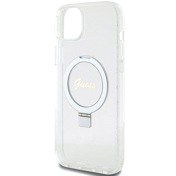 Guess MagSafe dėklas su žiedu iPhone 15/14 Plus – skaidrus