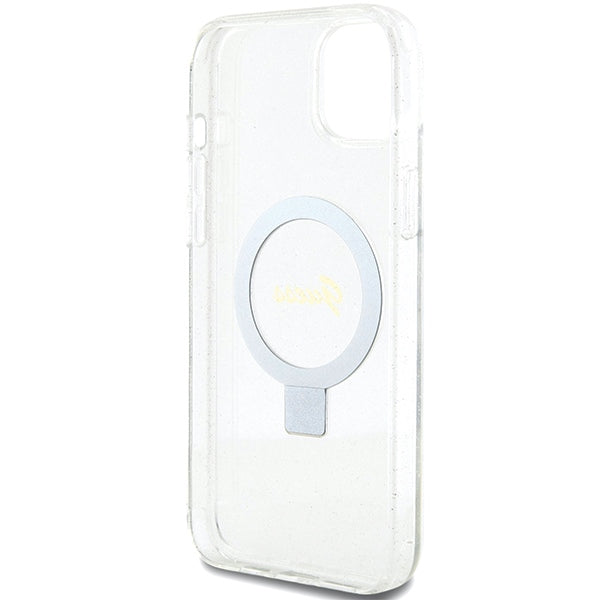 Guess MagSafe dėklas su žiedu iPhone 15/14 Plus – skaidrus