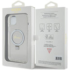 Guess MagSafe dėklas su žiedu iPhone 15/14 Plus – skaidrus