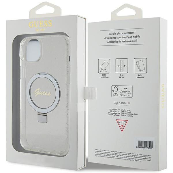 Guess MagSafe dėklas su žiedu iPhone 15/14 Plus – skaidrus
