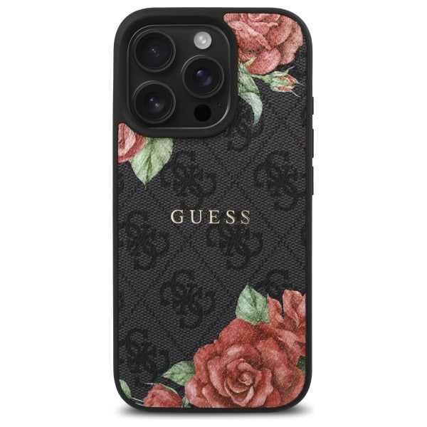 Guess MagSafe dėklas iPhone 16 Pro – juodas, gėlės