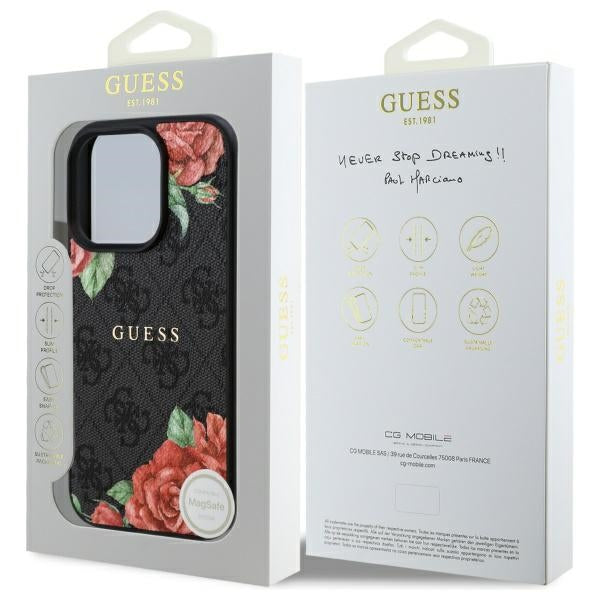 Guess MagSafe dėklas iPhone 16 Pro – juodas, gėlės