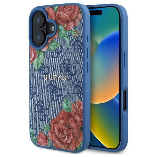 Guess MagSafe dėklas iPhone 16 – mėlynas, gėlės