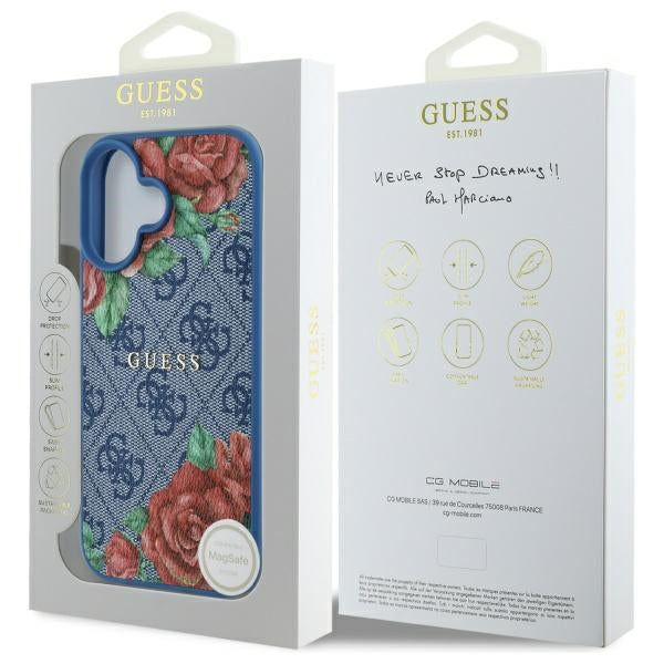 Guess MagSafe dėklas iPhone 16 – mėlynas, gėlės