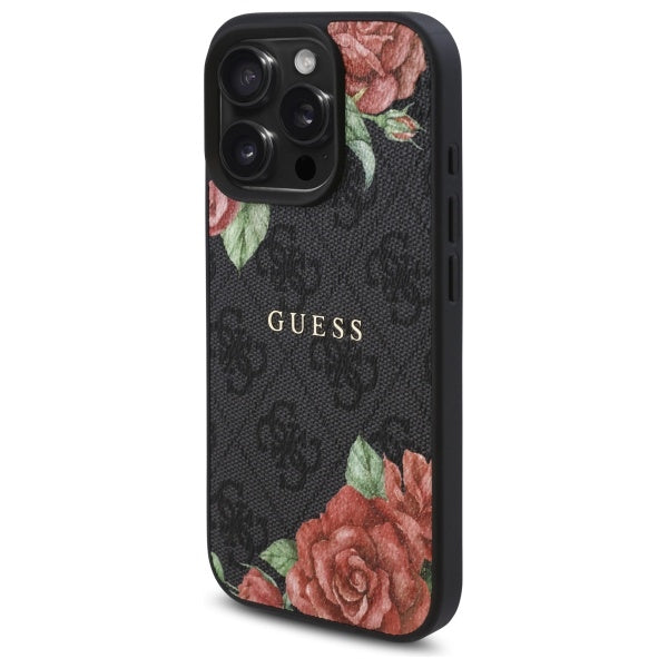 Guess MagSafe dėklas iPhone 16 Pro Max – juodas, gėlių raštas
