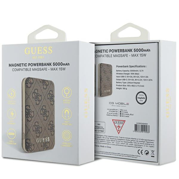 Guess indukcinė išorinė baterija 15W GUPB5FP4EMGW 5000mAh rudas/rudas 4G Leather Metal Logo MagSafe