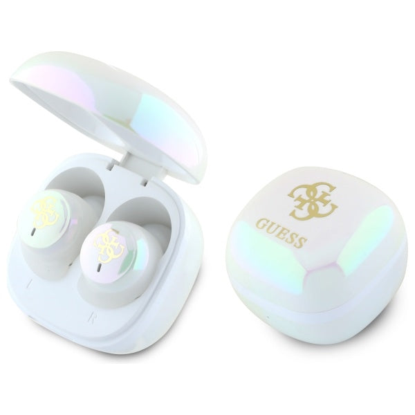 Guess Bluetooth ausinės GUTWSJ144ESH TWS + prijungimo stotelė balta/balta Iridescent 4G spausdintas logotipas