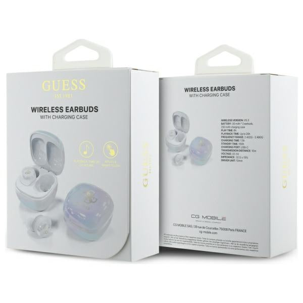 Guess Bluetooth ausinės GUTWSJ144ESH TWS + prijungimo stotelė balta/balta Iridescent 4G spausdintas logotipas