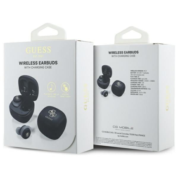 Guess Bluetooth ausinės GUTWSJ144ESK TWS + prijungimo stotelė juoda/juoda Iridescent 4G spausdintas logotipas