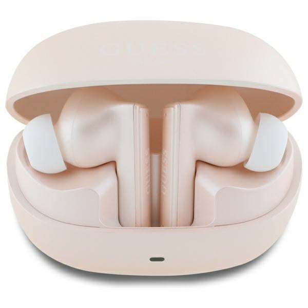 Guess Bluetooth ausinės GUTWST88MCTGP TWS + prijungimo stotis rožinė kapsulė, atspausdintas logotipas