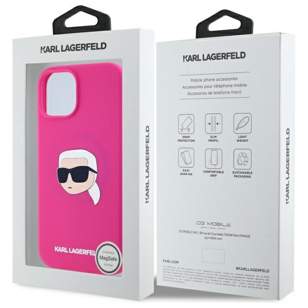 Karl Lagerfeld silikoninis MagSafe dėklas iPhone 15 – fuksija