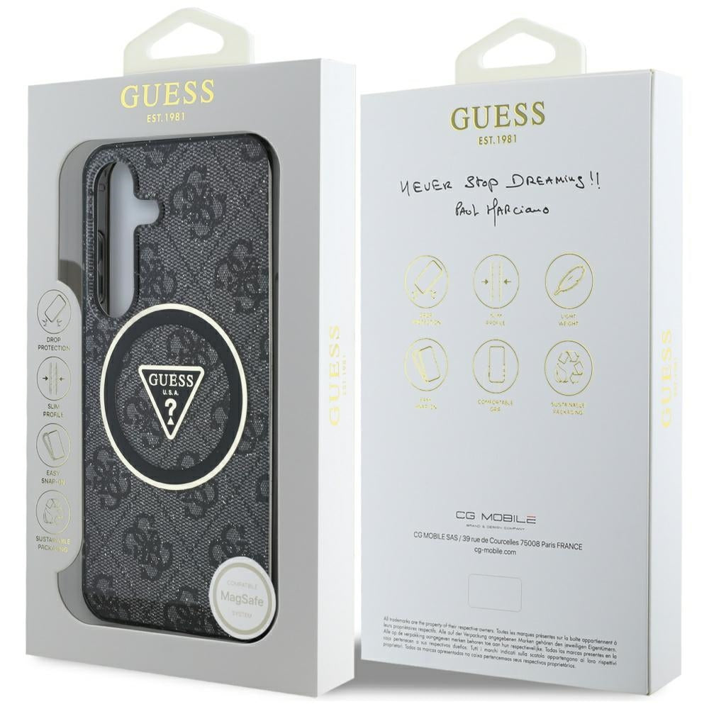 Guess 4G Glitter MagSafe dėklas Galaxy S25 – juodas