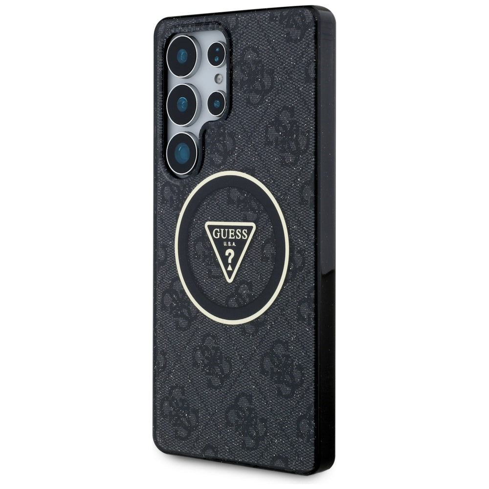 Guess 4G Glitter Triangle Buttons MagSafe dėklas skirtas Samsung Galaxy S25 Ultra juodas -- Samsung Galaxy S25 Ultra