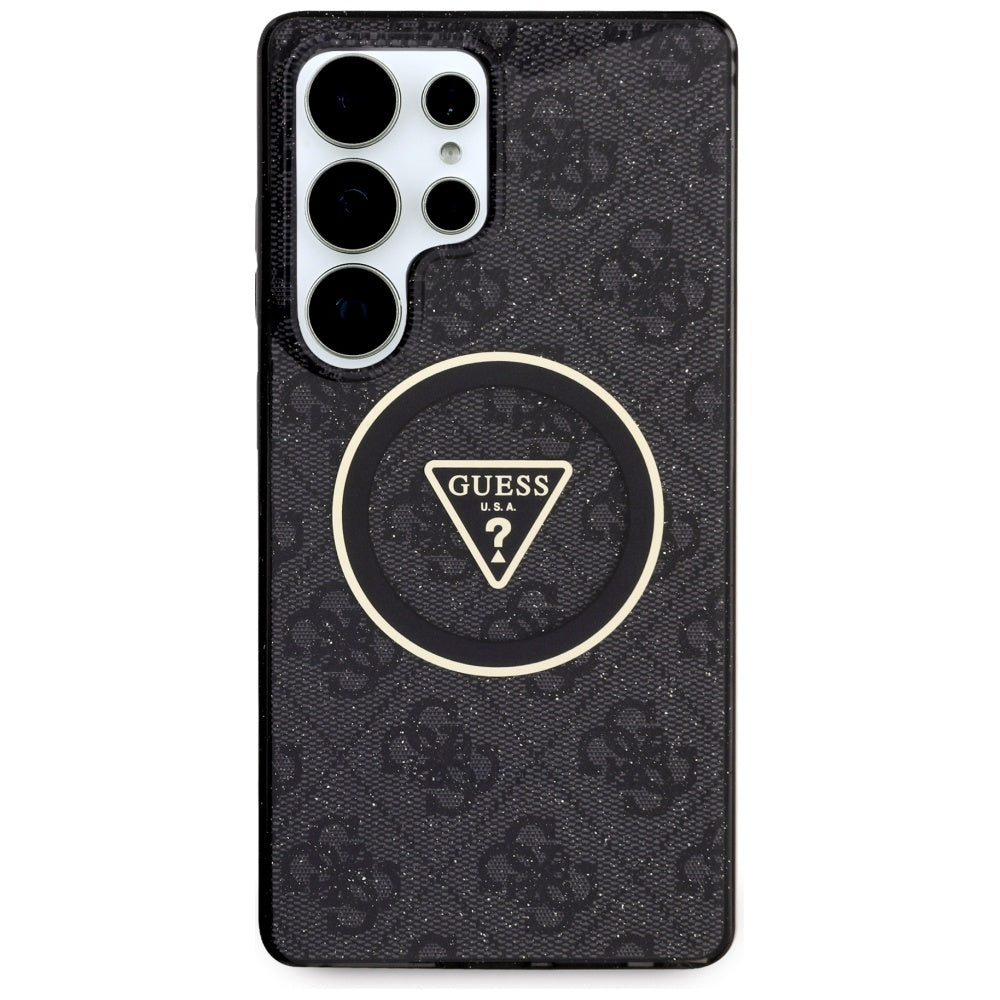 Guess 4G Glitter Triangle Buttons MagSafe dėklas skirtas Samsung Galaxy S25 Ultra juodas -- Samsung Galaxy S25 Ultra