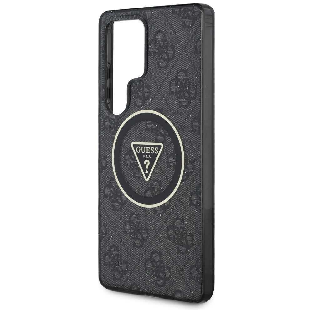 Guess 4G Glitter Triangle Buttons MagSafe dėklas skirtas Samsung Galaxy S25 Ultra juodas -- Samsung Galaxy S25 Ultra