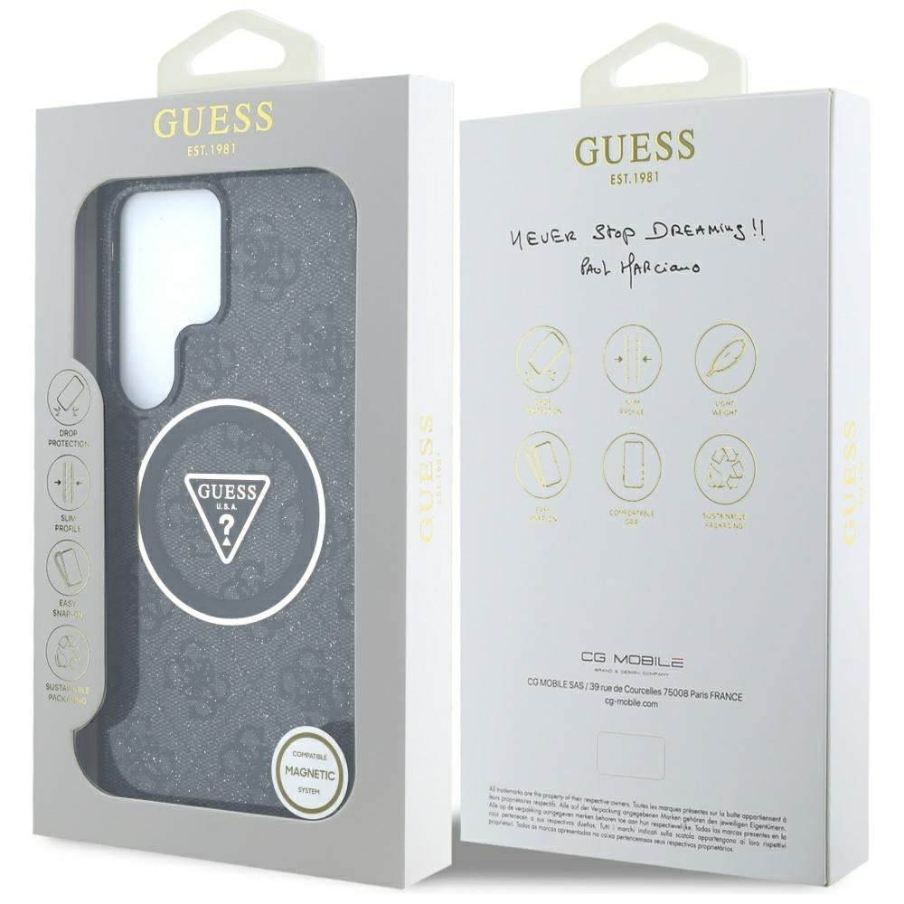 Guess 4G Glitter Triangle Buttons MagSafe dėklas skirtas Samsung Galaxy S25 Ultra juodas -- Samsung Galaxy S25 Ultra