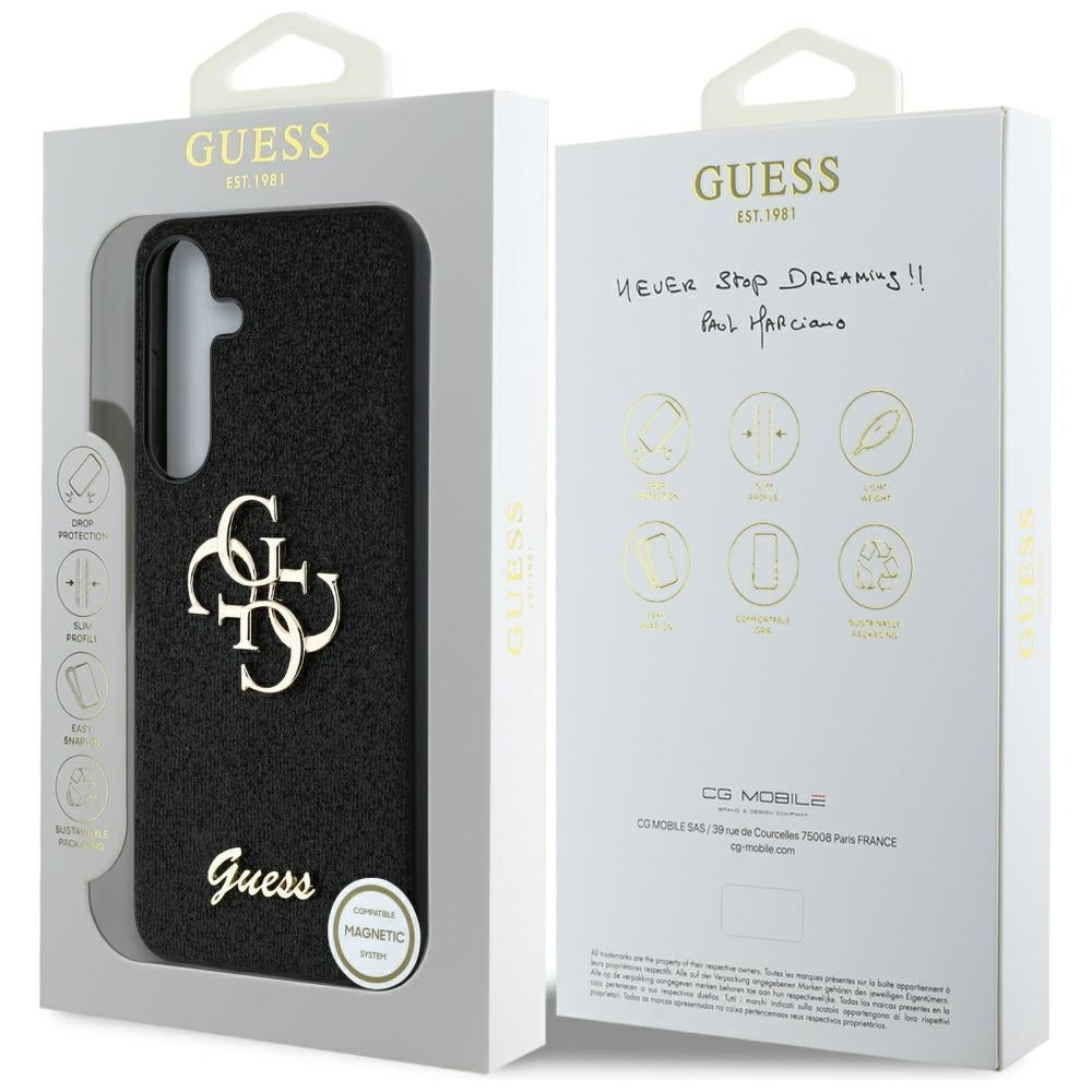 Guess Fixed Glitter Big 4G Metal Logo dėklas Samsung Galaxy S25+ – juodas -- Samsung Galaxy S25+