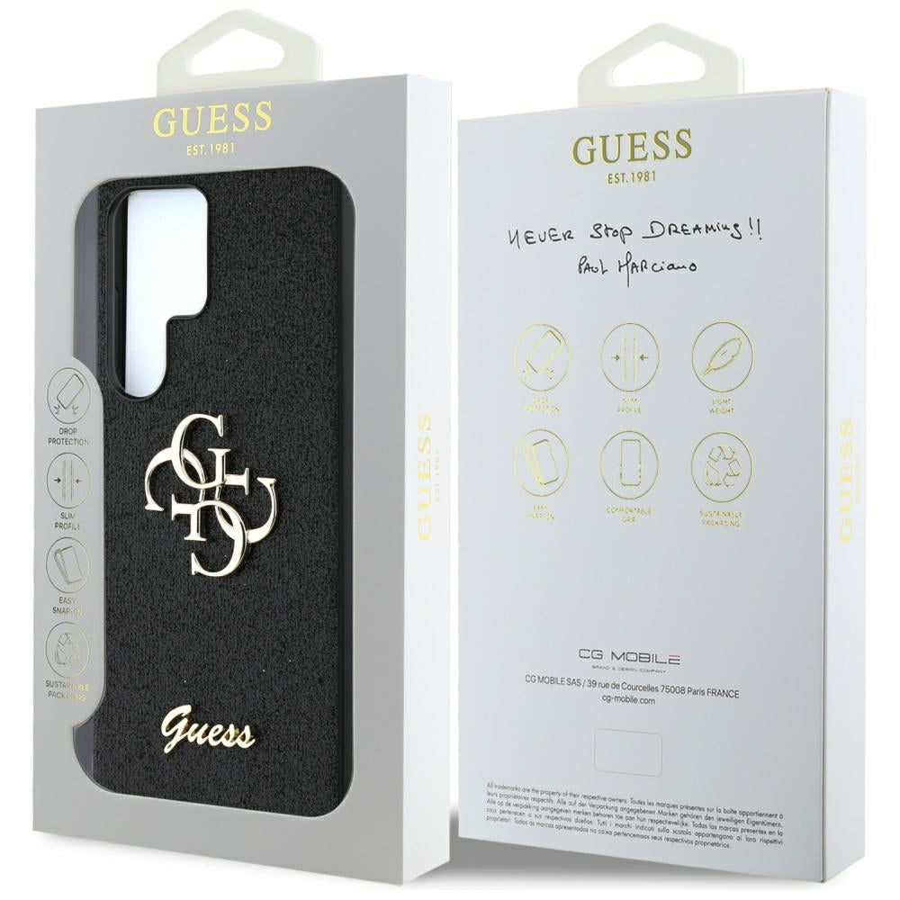 Guess blizgus 4G dėklas Samsung Galaxy S25 Ultra – juodas