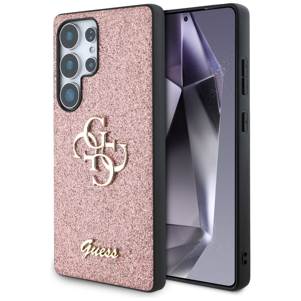 Guess Fixed Glitter Big 4G Metal Logo dėklas, skirtas Samsung Galaxy S25 Ultra, rožinis -- Samsung Galaxy S25 Ultra