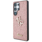 Guess Fixed Glitter Big 4G Metal Logo dėklas, skirtas Samsung Galaxy S25 Ultra, rožinis -- Samsung Galaxy S25 Ultra