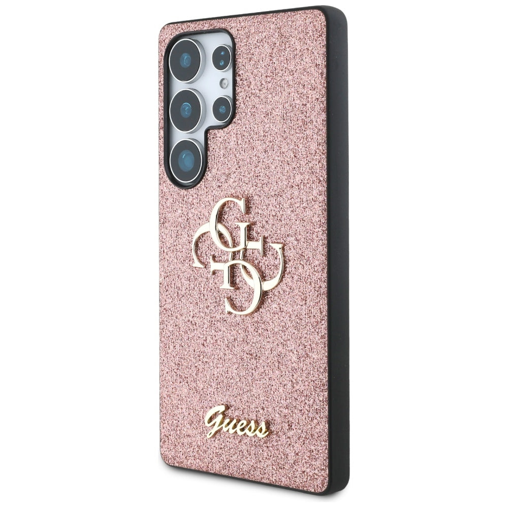 Guess Fixed Glitter Big 4G Metal Logo dėklas, skirtas Samsung Galaxy S25 Ultra, rožinis -- Samsung Galaxy S25 Ultra